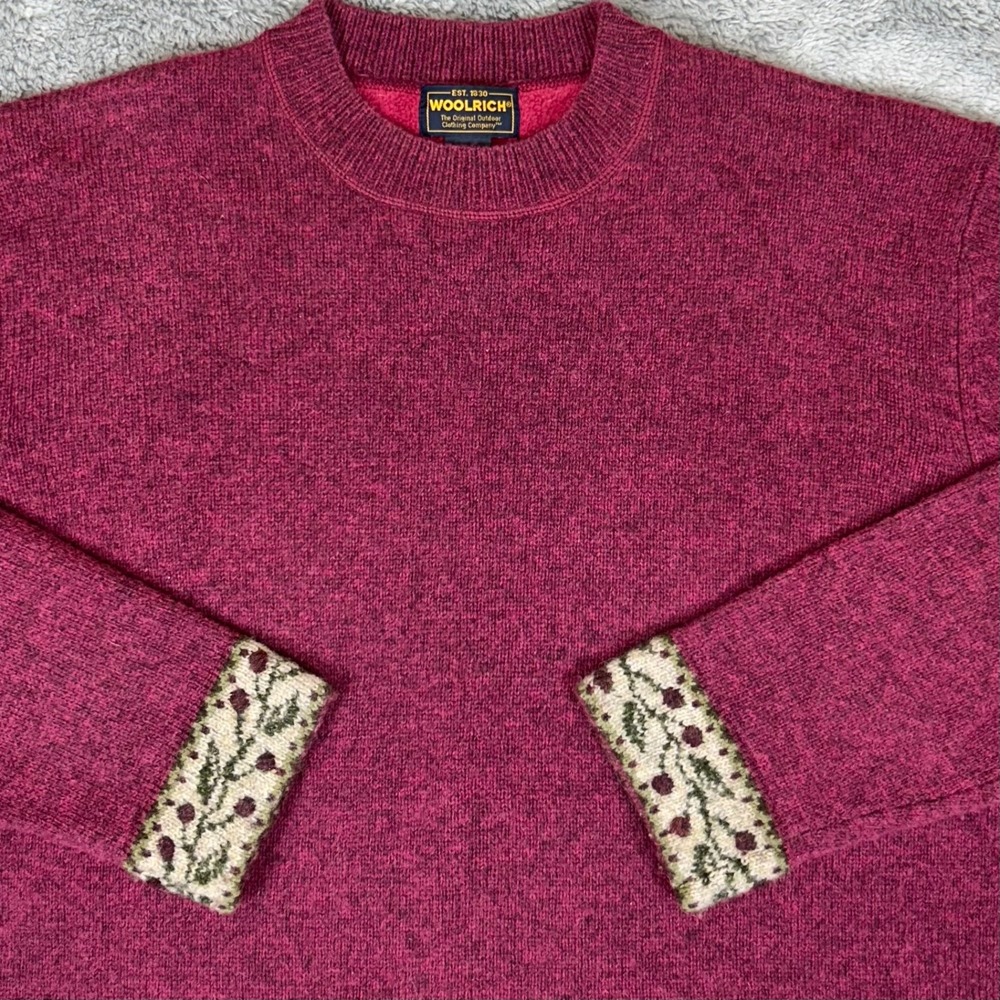 Woolrich Womens XL Mulberry Purple Wool Floral Trim Crew Neck Sweater Vintage